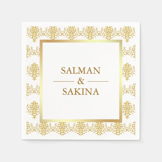白と金のダマスク模様の結婚式 スタンダードカクテルナプキン (正面)