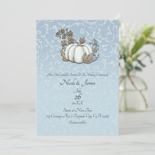 白と金のパンプキン ブルーグレー シンデレラ ウェディング 招待状 (スタンド正面)