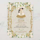 白と金のメキシコの少女がシンコ・パーティに変わる 招待状 (正面/裏面)