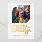 白と金のモダンなレトロクリスマスの写真 箔シーズンカード (正面)