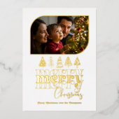 白と金のモダンなレトロドゥードルクリスマスフォト 箔シーズンカード (正面)