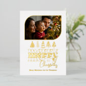 白と金のモダンなレトロドゥードルクリスマスフォト 箔シーズンカード (立ち正面)