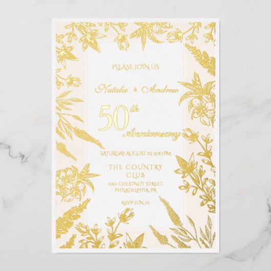 白と金のワイルドフラワーのアニバーサリー 箔招待状 (正面)