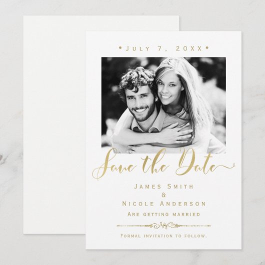 白と金の写真 現代の結婚式 Save the Date 招待状 (正面/裏面)