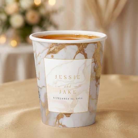 白と金の大理石の結婚式ウェルカムサイン 紙コップ