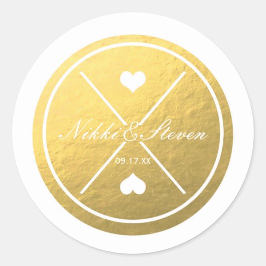 白と金の箔押しハート型の円形結婚式ステッカー ラウンドシール (正面)