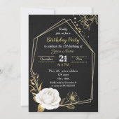 白と金の花のブラックバースデーパーティー 招待状 (正面)