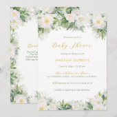 白と金の花柄の絵本　ベイビーシャワーギフト 招待状 (正面/裏面)