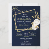 白と金の花柄 ネイビーブルーの誕生日パーティー 招待状 (正面)