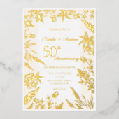 白と金の野生の花のアニバーサリー 箔招待状 (正面)