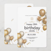白と金の風船の誕生日パーティー 招待状 (正面/裏面)