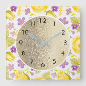 白と金ゴールドに可愛らしい黄色い紫の花 スクエア壁時計 (正面)