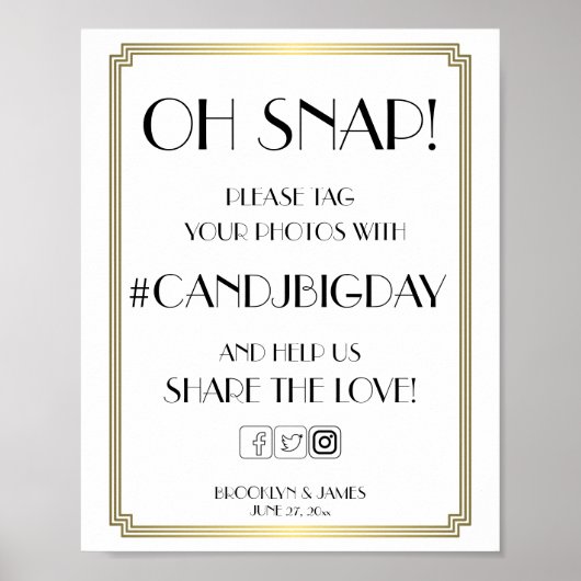 白と金ゴールドのアールデコギャツビーのハッシュタグサイン8x10 ポスター (正面)