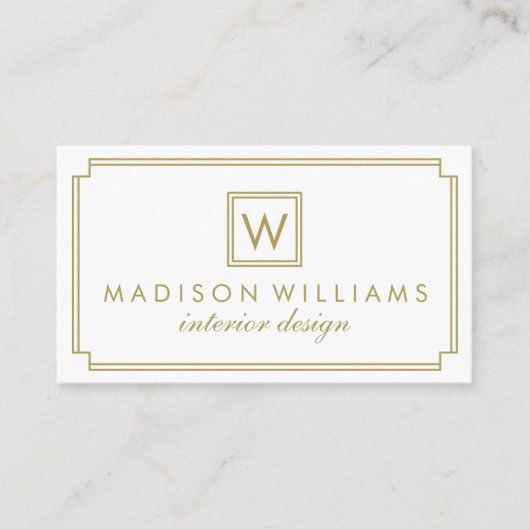 白と金ゴールドのアールデコモノグラム 名刺 (正面)