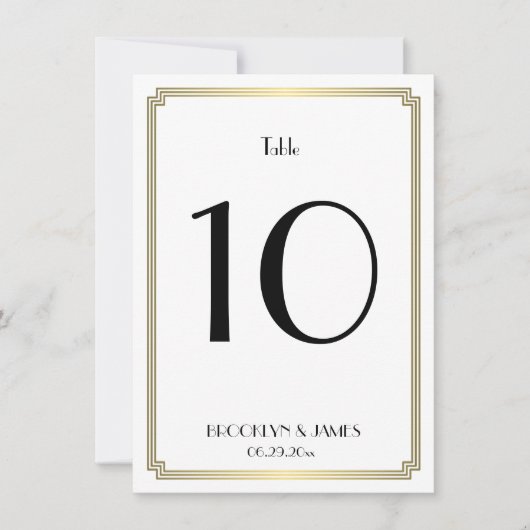 白と金ゴールドのアールデコ結婚のテーブル番号 招待状 (正面)