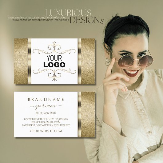 白と金ゴールドのオーナメントロゴ付きゴールデングリッター 名刺