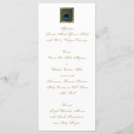 白と金ゴールドのクジャクの羽毛メニューカード メニュー (裏面)