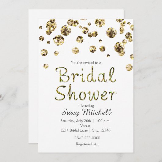 白と金ゴールドのグリッターブライダルシャワー招待 招待状 (正面/裏面)