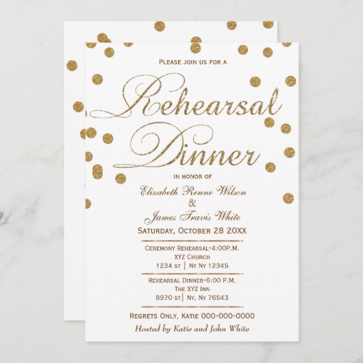 白と金ゴールドのグリッターリハーサルのディナー招待状 招待状 (正面/裏面)