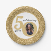 白と金ゴールドのグリッター50 50年50誕生日 ペーパープレート (正面)