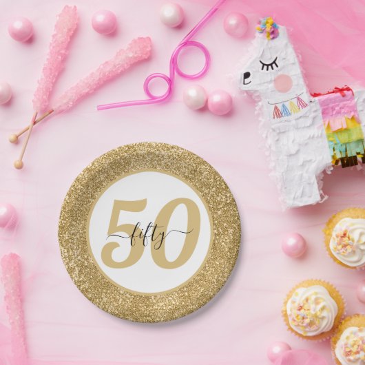 白と金ゴールドのグリッター50 50年50誕生日 ペーパープレート (パーティー)