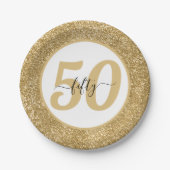白と金ゴールドのグリッター50 50年50誕生日 ペーパープレート (正面)