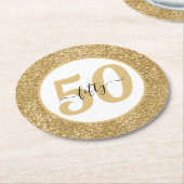 白と金ゴールドのグリッター50 50年50誕生日 ラウンドペーパーコースター (アングル)
