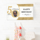 白と金ゴールドのグリッター50 50年50誕生日 横断幕 (インサイチュ)