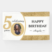 白と金ゴールドのグリッター50 50年50誕生日 横断幕 (横)