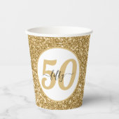 白と金ゴールドのグリッター50 50年50誕生日 紙コップ (正面)