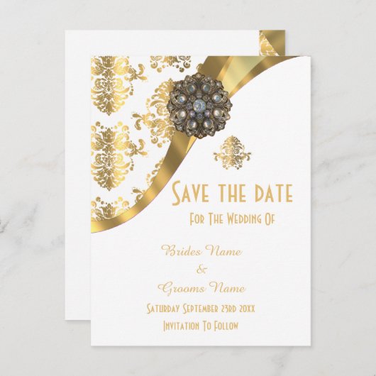 白と金ゴールドのダマスクの日付を保存 案内ポストカード (正面/裏面)