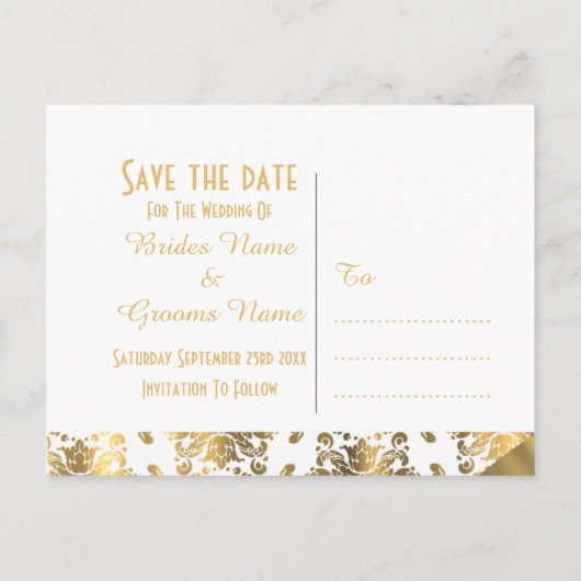 白と金ゴールドのダマスクの日付を保存 案内ポストカード (裏面)