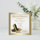 白と金ゴールドのハイヒール女性50誕生日 招待状 (スタンド正面)