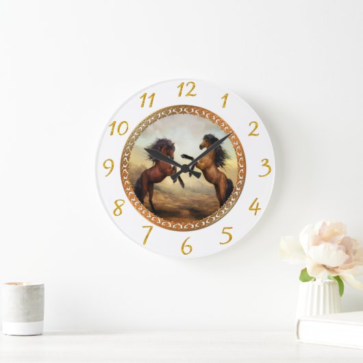 白と金ゴールドのフレーム馬 ラージ壁時計 (ホーム)