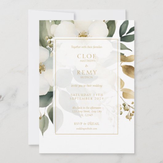 白と金ゴールドのフローラの葉の水の色結婚のQR 招待状 (正面)