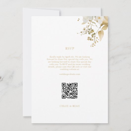 白と金ゴールドのフローラの葉の水の色結婚のQR 招待状 (裏面)