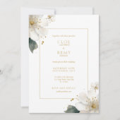 白と金ゴールドのフローラの葉の結婚水色の入り 招待状 (正面)