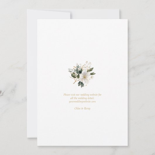 白と金ゴールドのフローラの葉の結婚水色の入り 招待状 (裏面)