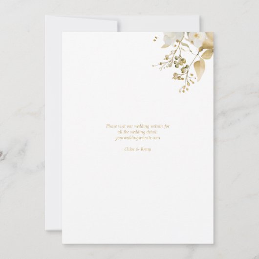 白と金ゴールドのフローラの葉の結婚水色の入り 招待状 (裏面)
