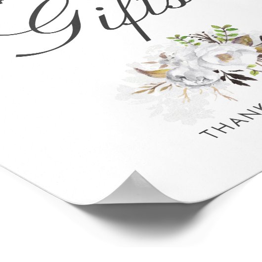 白と金ゴールドのフローラウェディングカードとギフトサイン ポスター (角)