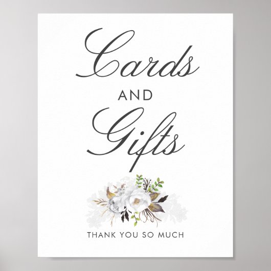 白と金ゴールドのフローラウェディングカードとギフトサイン ポスター (正面)