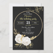 白と金ゴールドのフローラサークル黒い誕生日パーティー 招待状 (正面)