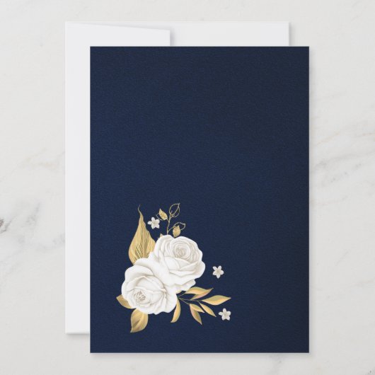 白と金ゴールドのフローラネイビーブルー誕生日パーティー 招待状 (裏面)