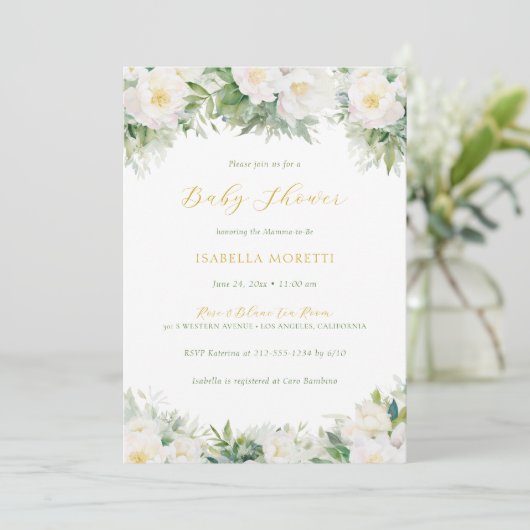 白と金ゴールドのフローラブックベビーベビーシャワー 招待状 (スタンド正面)