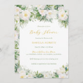 白と金ゴールドのフローラブックベビーベビーシャワー 招待状 (正面/裏面)