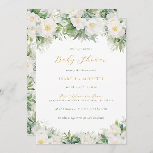 白と金ゴールドのフローラブックベビーベビーシャワー 招待状 (正面/裏面)