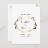 白と金ゴールドのフローラリース日付の保存 案内ポストカード (正面/裏面)