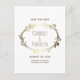 白と金ゴールドのフローラリース日付の保存 案内ポストカード
