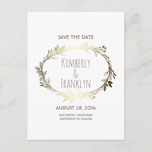 白と金ゴールドのフローラリース日付の保存 案内ポストカード (正面)