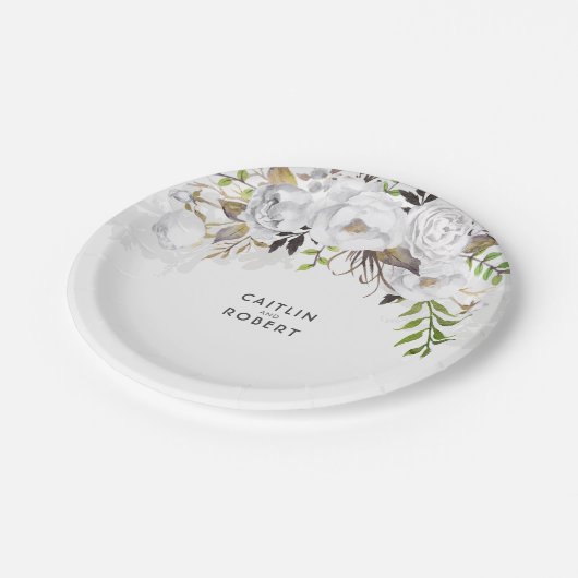 白と金ゴールドのフローラ水結婚色 ペーパープレート (アングル)